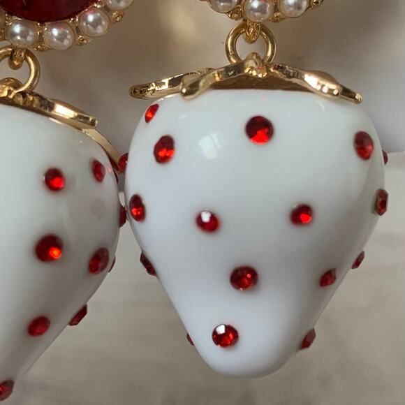 Betsey Johnson White Strawberry Earrings with Red Jewels and Faux Pearls - Picture 5 of 11
